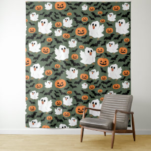 Spooky Cute Ghost Chickens with Pumpkins and Bats Tapestry