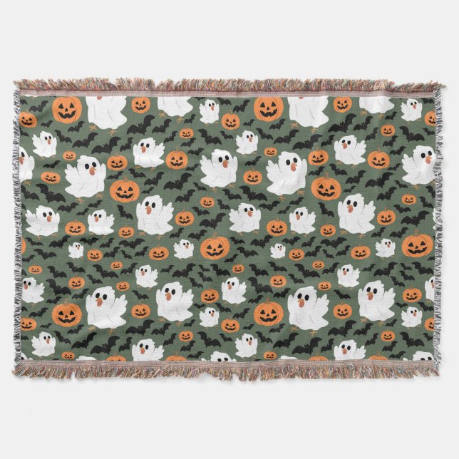 Spooky Cute Ghost Chickens with Pumpkins and Bats  Throw Blanket (Front)