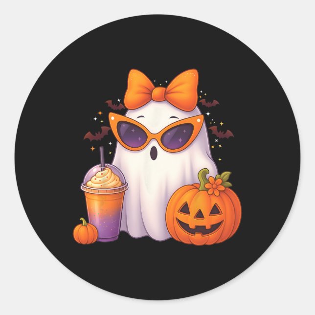 Spooky Cute Ghost Drinking Pumpkin Iced Coffee Hal Classic Round Sticker (Front)