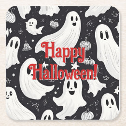 Spooky Cute Ghost Halloween Black White Square Paper Coaster