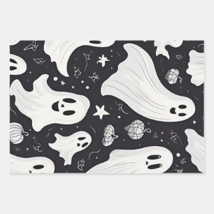 Spooky Cute Ghost Halloween Black White Wrapping Paper Sheet