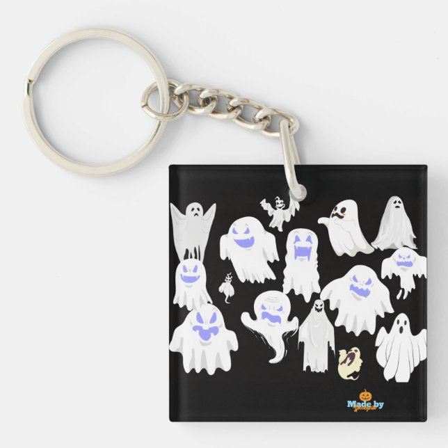 Spooky Cute Ghost Illustration Pattern – Halloween Key Ring (Front)