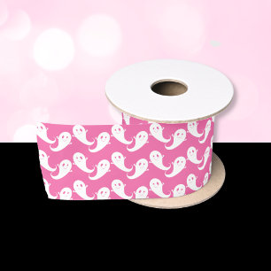 Spooky Cute Ghost Pattern Pink Halloween Ribbon Satin Ribbon