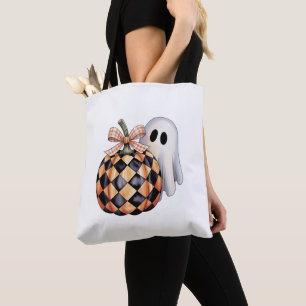 Spooky Cute Ghost Peek Halloween T-Shirt, Checkere Tote Bag