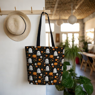 Spooky Cute Ghost & Pumpkin Pattern Halloween Tote Bag