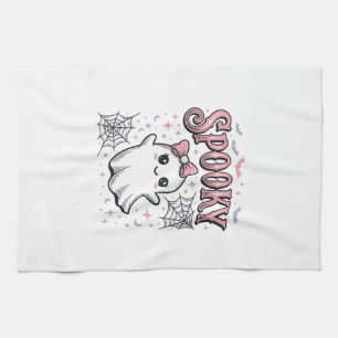 Spooky Cute Ghost Vintage Halloween Shirt Design_1 Tea Towel