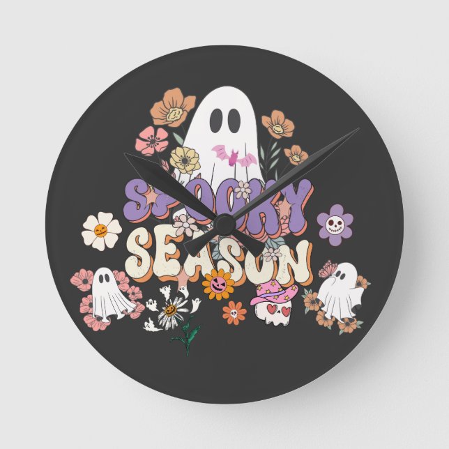 Spooky cute ghost with flowers HalloweenWall Clock (Front)