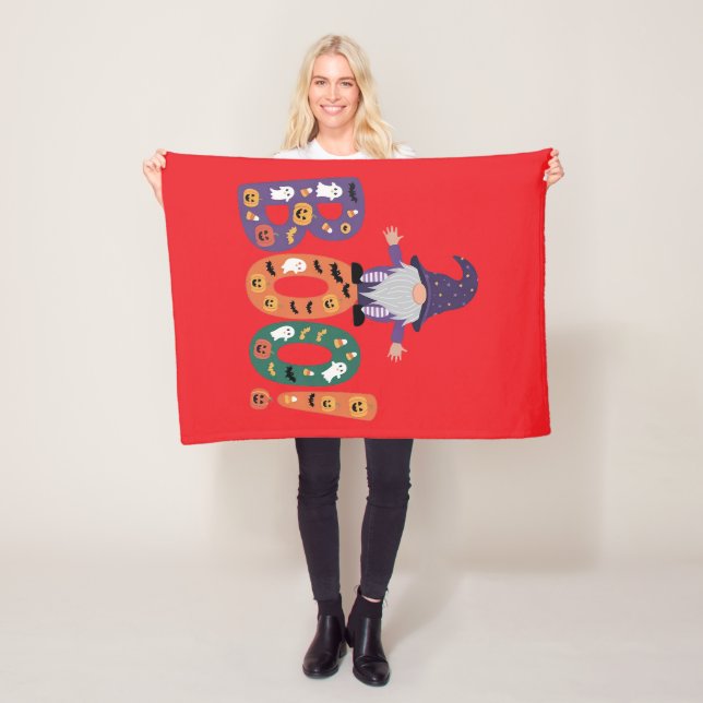 Spooky Cute Gnome with Ghosts and Pumpkins Fleece Blanket (In Situ)