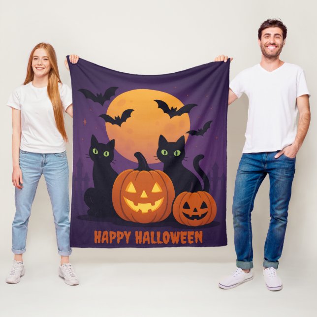 Spooky Cute Halloween Black Cats and Pumpkins Cosy Fleece Blanket (In Situ)