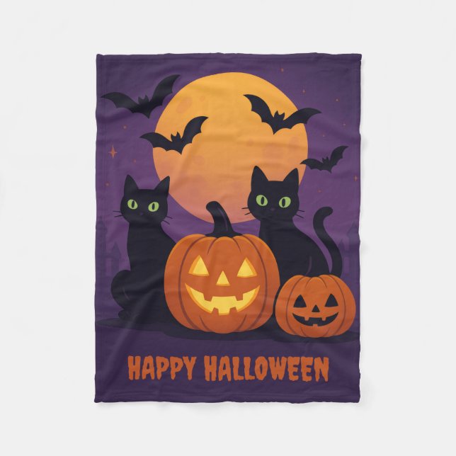 Spooky Cute Halloween – Black Cats & Pumpkins Fleece Blanket (Front)