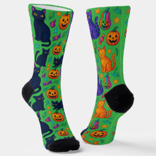 Spooky Cute Halloween Cat & Pumpkin Crew Socks