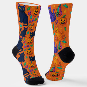 Spooky Cute Halloween Cat & Pumpkin Crew Socks