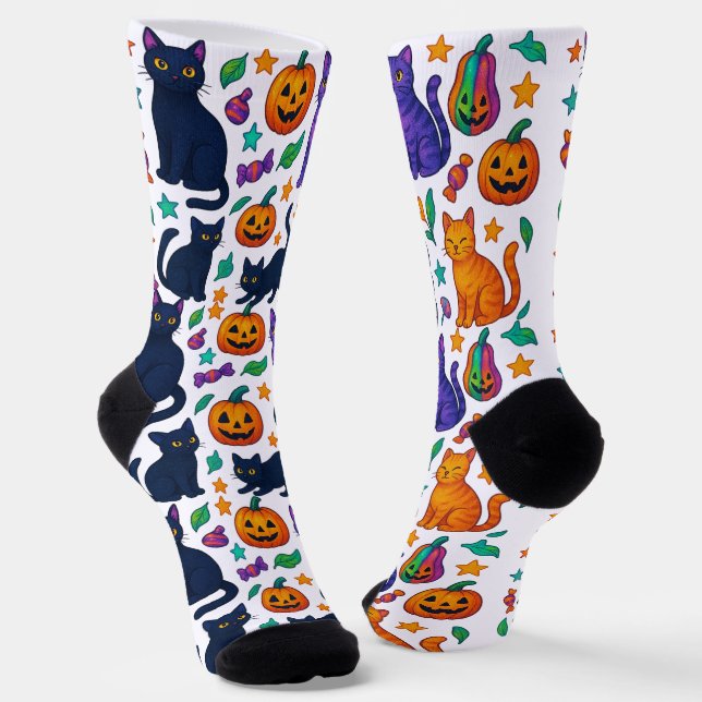 Spooky Cute Halloween Cat & Pumpkin Crew Socks (Angled)