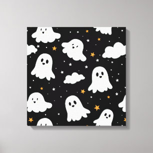 Spooky Cute Halloween Ghost Cloudy Star Sky Canvas Print