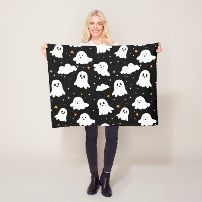 Spooky Cute Halloween Ghost Cloudy Star Sky Fleece Blanket (In Situ)