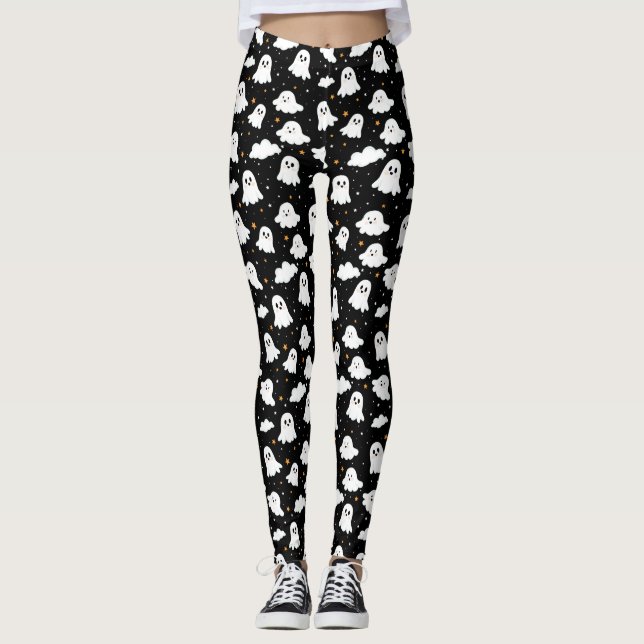 Spooky Cute Halloween Ghost Cloudy Star Sky Leggings (Front)