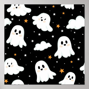 Spooky Cute Halloween Ghost Cloudy Star Sky Poster