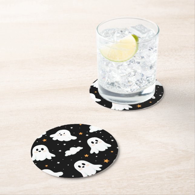Spooky Cute Halloween Ghost Cloudy Star Sky Round Paper Coaster (Insitu)