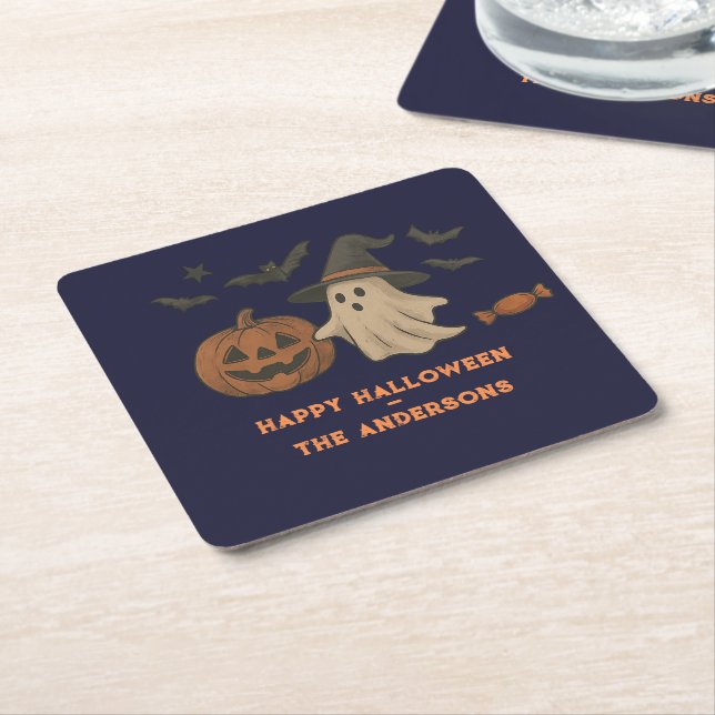 Spooky Cute Halloween – Ghosts, Bats & Candy Square Paper Coaster (Angled)