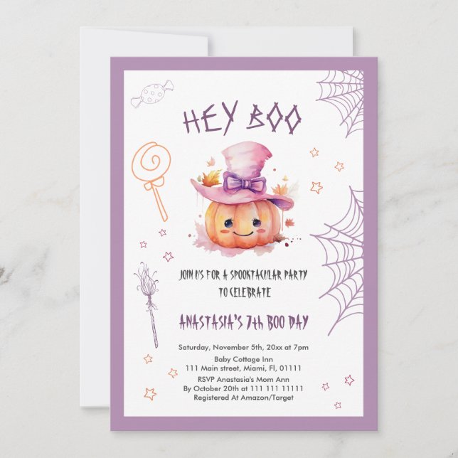 Spooky Cute Halloween Girl 7th Birthday Invitation (Front)