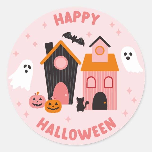 Spooky Cute Halloween Haunted Houses Classic Round Sticker (Front)