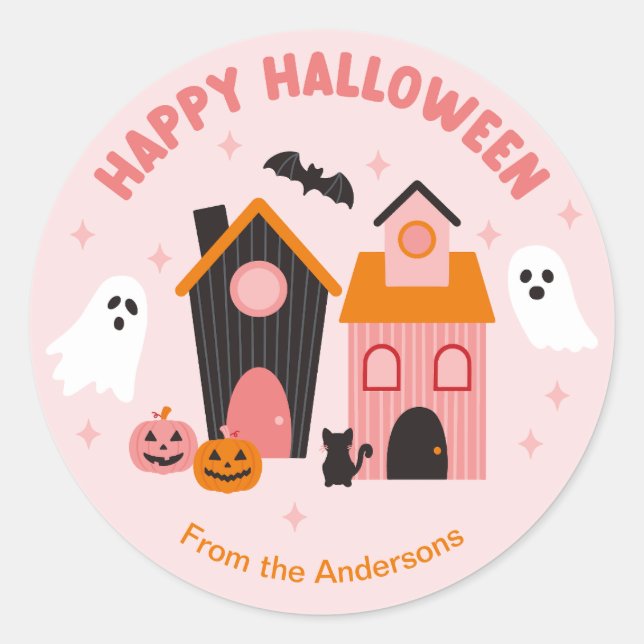 Spooky Cute Halloween Haunted Houses Classic Round Sticker (Front)