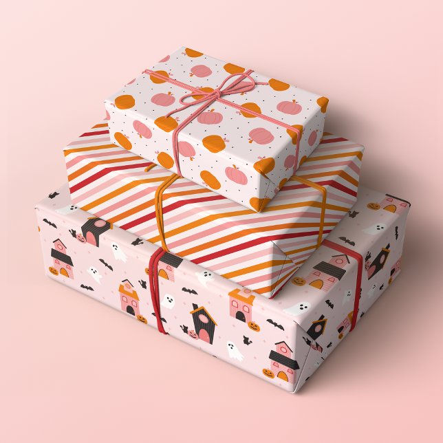 Spooky Cute Halloween Patterns Wrapping Paper Sheet (Set of 3 Halloween patterns with spooky haunted houses, pumpkins and stripes in orange, red and pink)