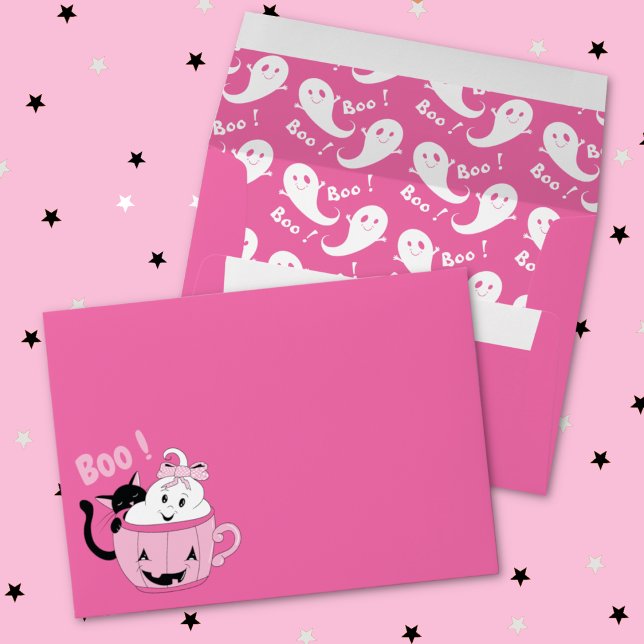 Spooky Cute Halloween Pink Envelope with Ghosts (Spooky cute Halloween pink envelopes (with view of both sides) .)