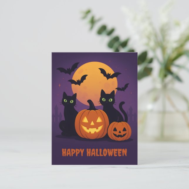 Spooky Cute Halloween Postcard – Black Cats & Pump (Standing Front)
