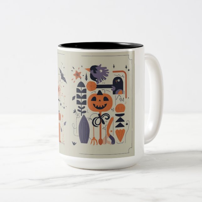 Spooky Cute Halloween Pumpkin & Crow Two-Tone Mug (Front Right)
