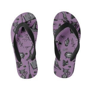 Spooky Cute Halloween Purple/Black Hand-Drawn  Kid's Flip Flops