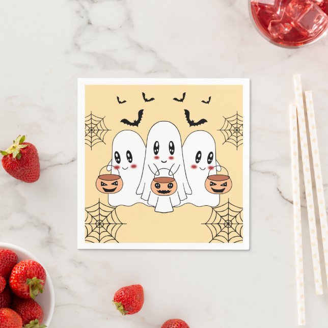 Spooky Cute Kawaii Cartoon Ghost Halloween Party Napkin (Insitu)