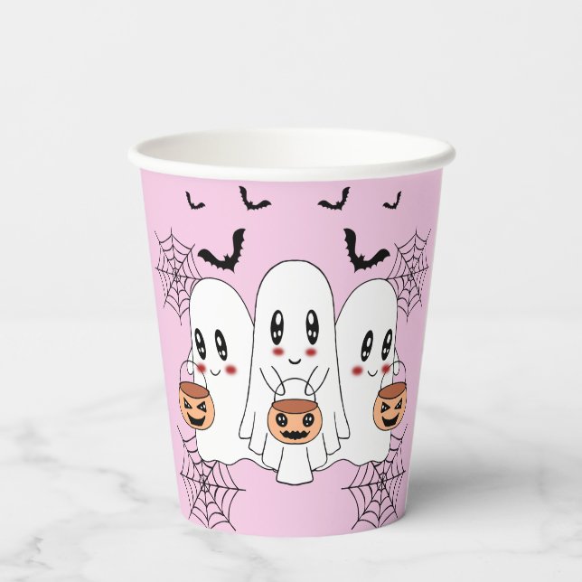 Spooky Cute Kawaii Cartoon Ghost Halloween Party Paper Cups (Back)