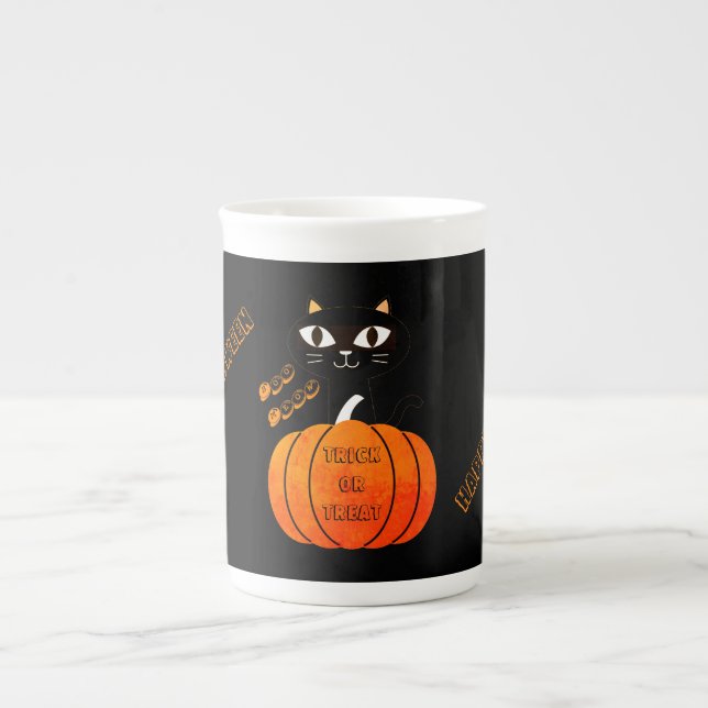 Spooky Cute Orange Black Cat Pumpkin Halloween Bone China Mug (Front)