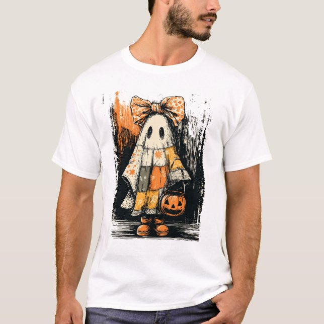Spooky Cute Patchwork Pumpkin Flower Scary Ghost T-Shirt (Front)