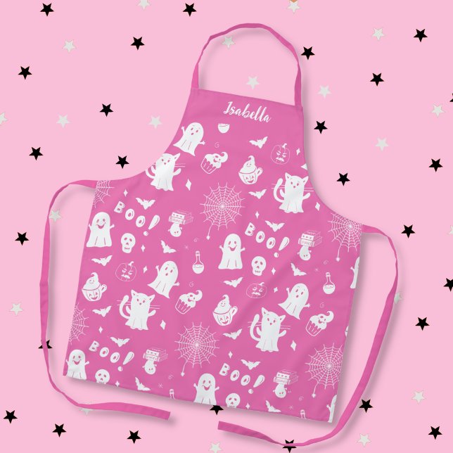 Spooky Cute Pink Personalised Halloween Apron (Spooky cute pink and white Halloween theme apron with name . )