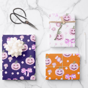 Spooky Cute Pink Pumpkins Halloween Wrapping Paper Sheet