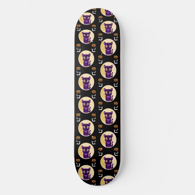Spooky Cute Purple Cartoon Cat Skateboard (Front)