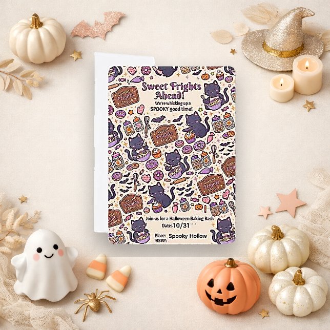 Spooky Cute Purple Cat Halloween Baking Invitation (Creator Uploaded)