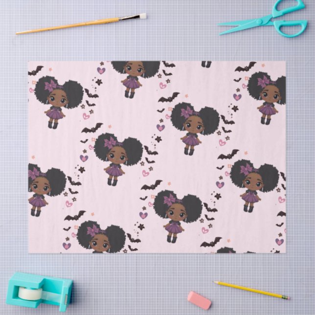 Spooky cute purple  girl afro-puff pattern tissue paper (Craft)