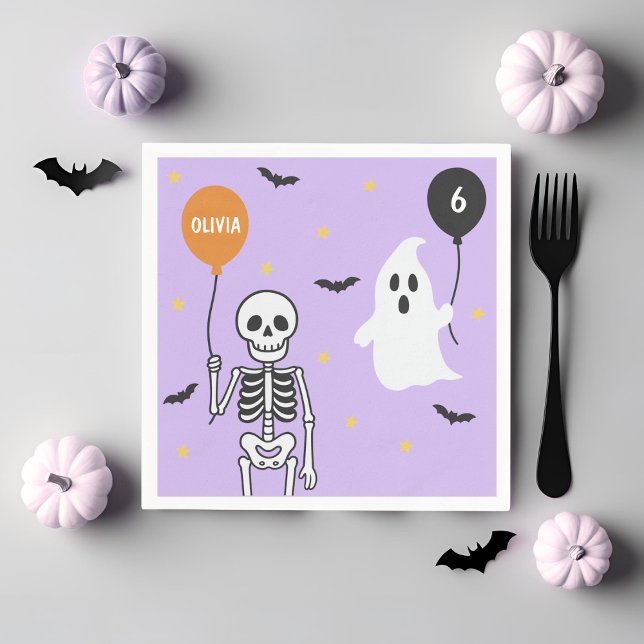 Spooky Cute Skeleton & Ghost Birthday Party Napkin (Creator Uploaded)