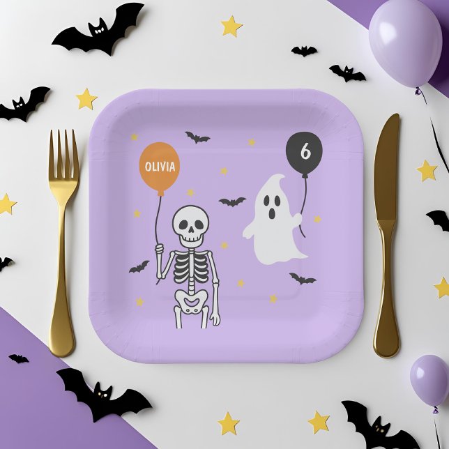 Spooky Cute Skeleton & Ghost Halloween Birthday  Paper Plate (Creator Uploaded)