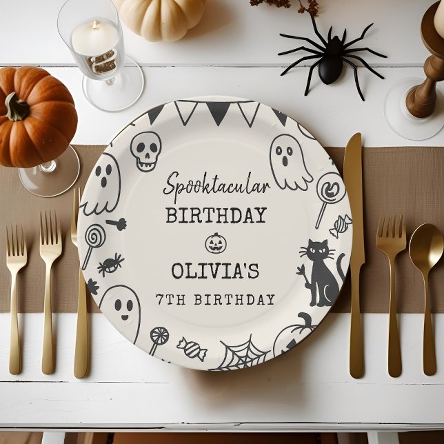 Spooky Cute Skeleton & Ghost Kids Birthday Paper Plate (Creator Uploaded)