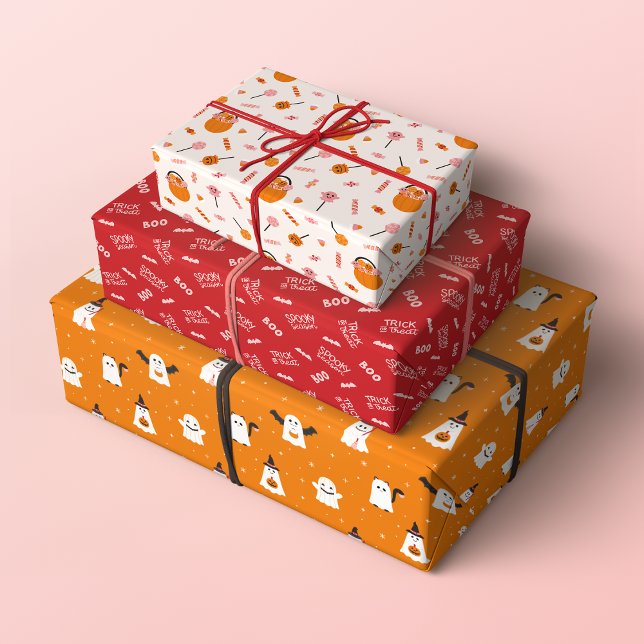 Spooky Cute Trick or Treat Halloween Patterns Wrapping Paper Sheet (Set of 3 Trick or Treat Halloween Patterns in Orange, Red and Pastel Pink)