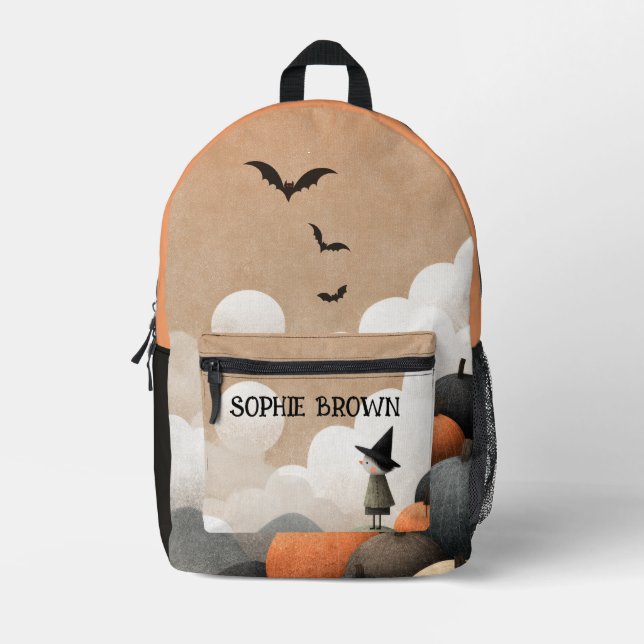 Spooky Cute Watercolor Halloween Witch with Name Printed Backpack (Front)