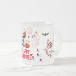 Spooky Cute Witch, Bat & Bloody Handprint Design Frosted Glass Coffee Mug