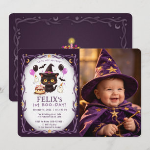 Spooky Cute Witch Black Cat Wizard 1st Birthday Invitation