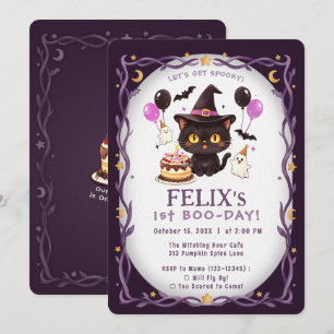 Spooky Cute Witch Black Cat Wizard 1st Birthday Invitation