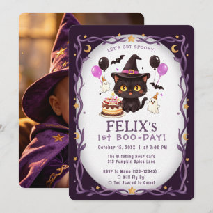 Spooky Cute Witch Black Cat Wizard 1st Birthday Invitation