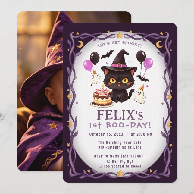 Spooky Cute Witch Black Cat Wizard 1st Birthday Invitation (Front/Back)